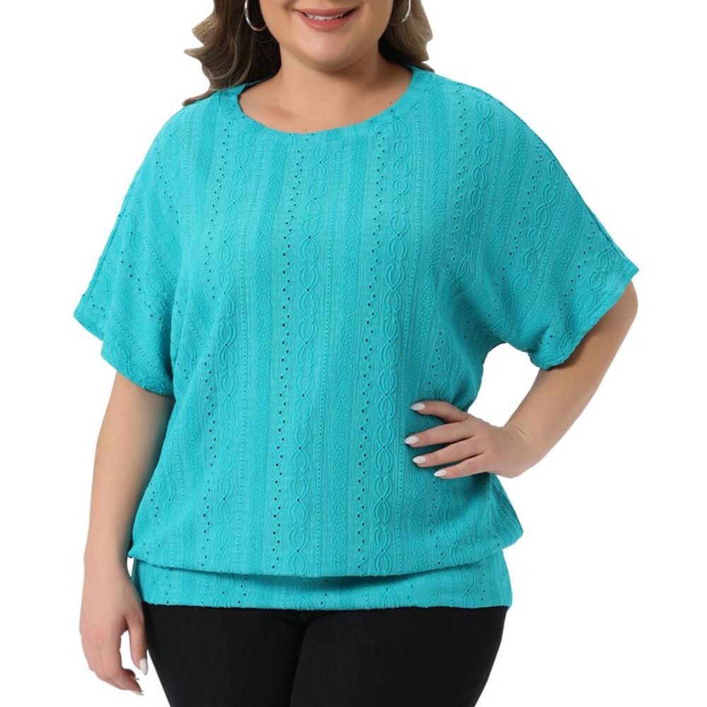 Women Plus Size Batwing Eyelet Blouse Casual Summer Tops Lake Green